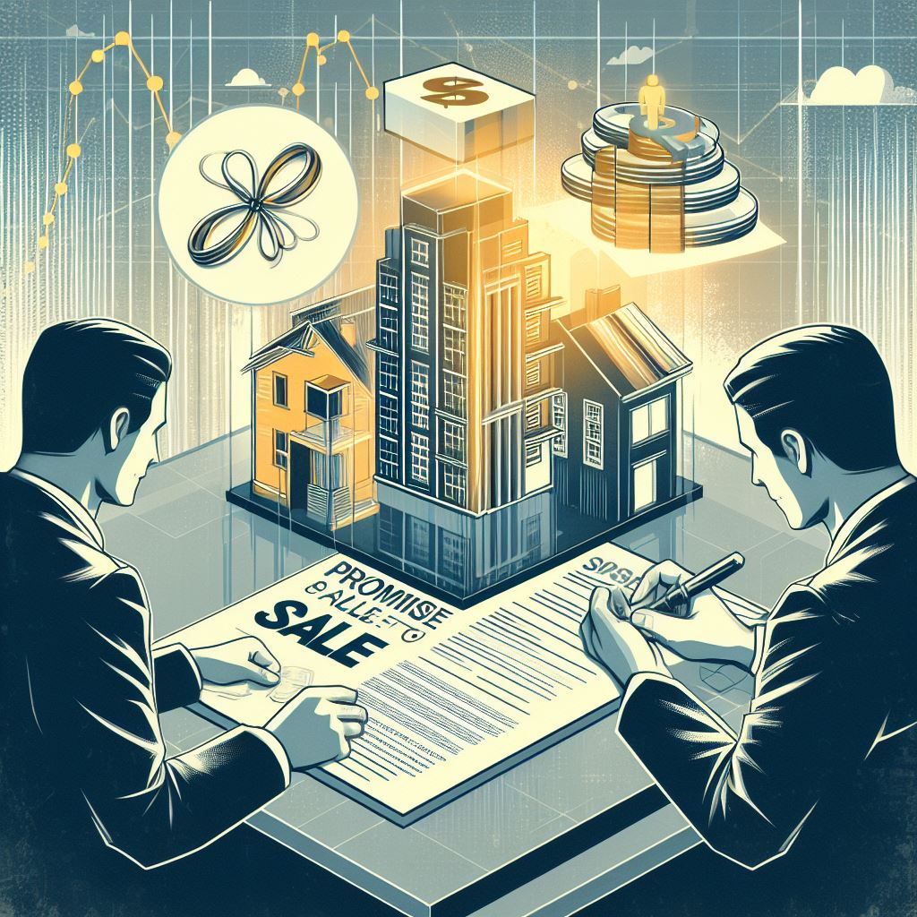 Ilustración que representa la Promesa de Compraventa en Bienes Inmuebles. Destacar un contrato donde una persona se compromete a vender y otra a comprar, con roles claros para el vendedor y el comprador.